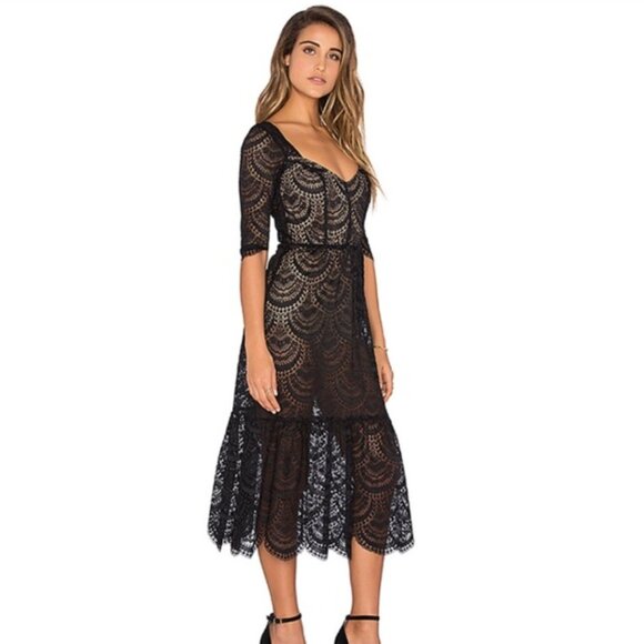 For Love & Lemons Black Lace Rosalita Midi Dress Size S Whimsigoth Scalloped - Picture 16 of 16